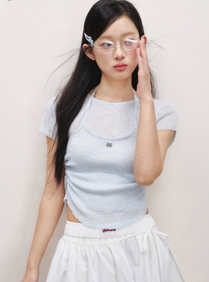 Layered Halter Neck Ribbed Top - Blue