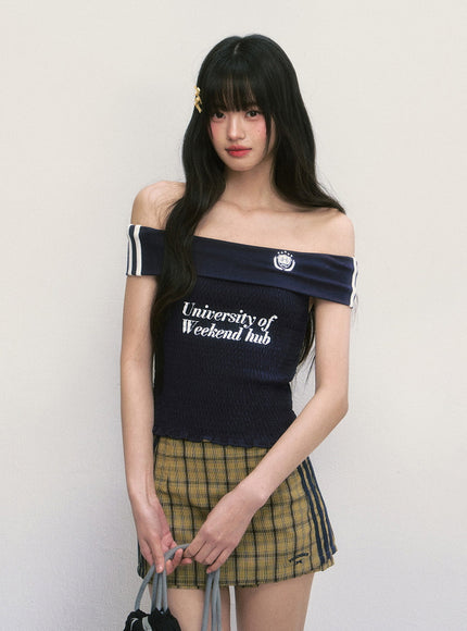 Emblem Off-Shoulder Smocked Top - Navy