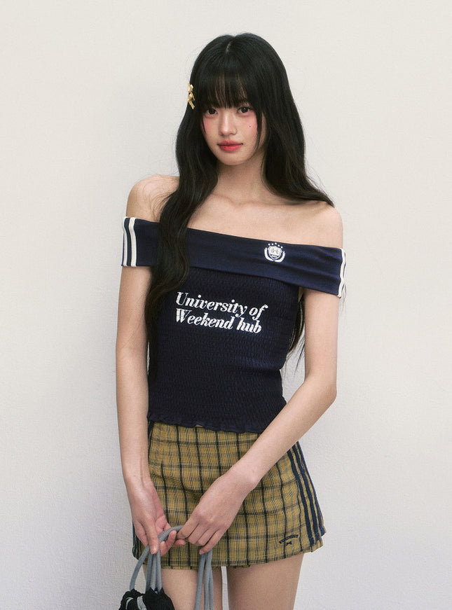 Emblem Off-Shoulder Smocked Top - Navy