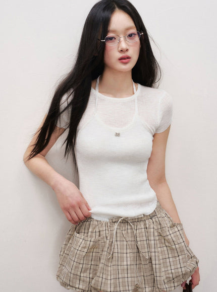 Layered Halter Neck Ribbed Top - White