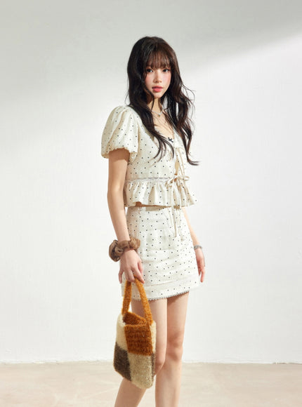 Dotted Linen Puff Sleeve Blouse and Skirt Set