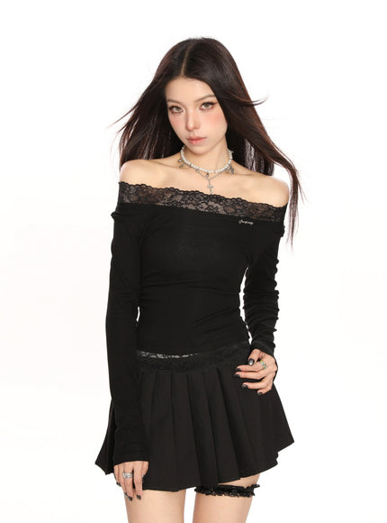 Lace Trim Off-Shoulder Top - Black