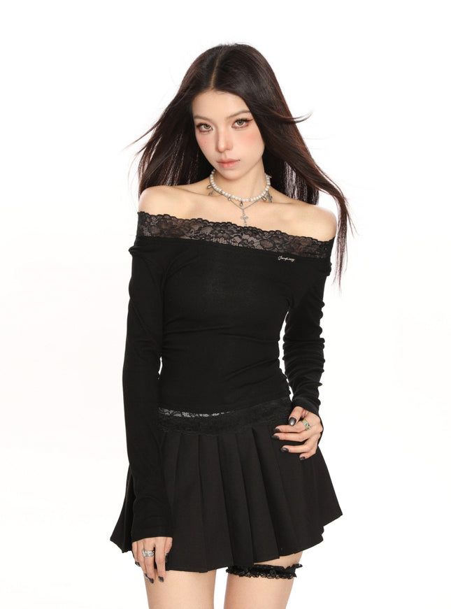 Lace Trim Off-Shoulder Top - Black
