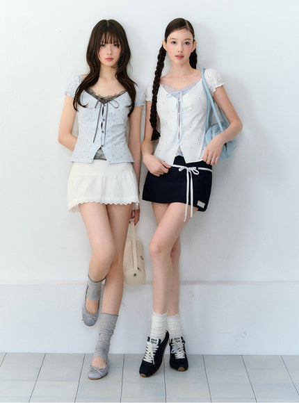 Eyelet Puff Sleeve Ribbon Top - White