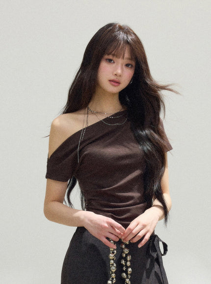 Asymmetrical Off-Shoulder Draped Top - Brown