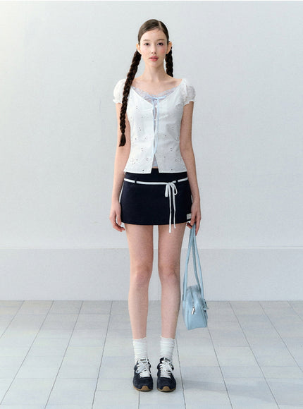 Eyelet Puff Sleeve Ribbon Top - White