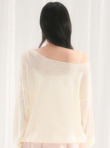 Sheer Ribbon Detail Relaxed Knit Top