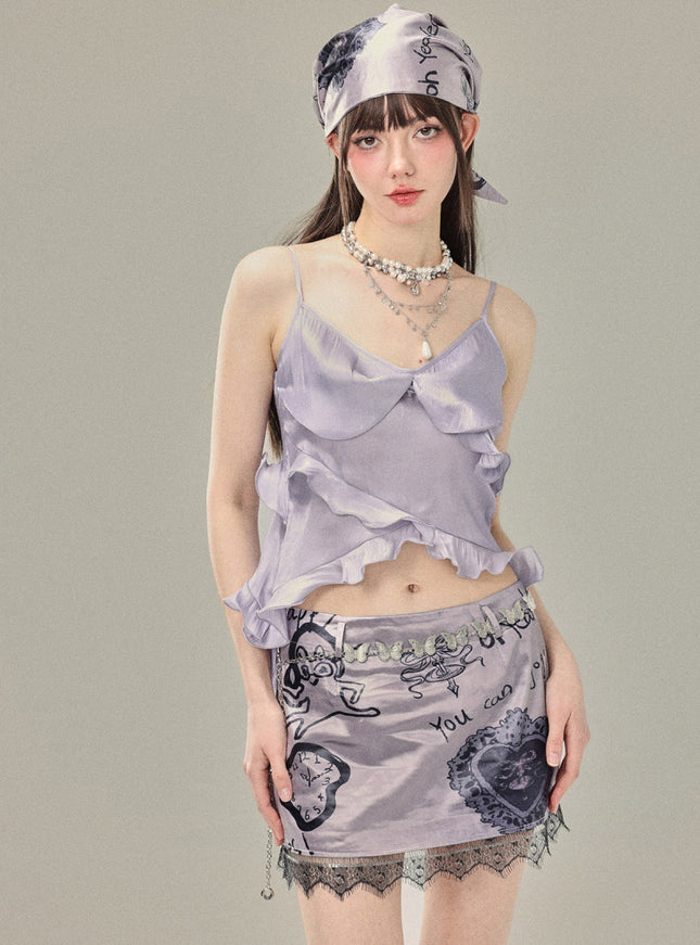 Ruffled Satin Cami & Mini Skirt Set