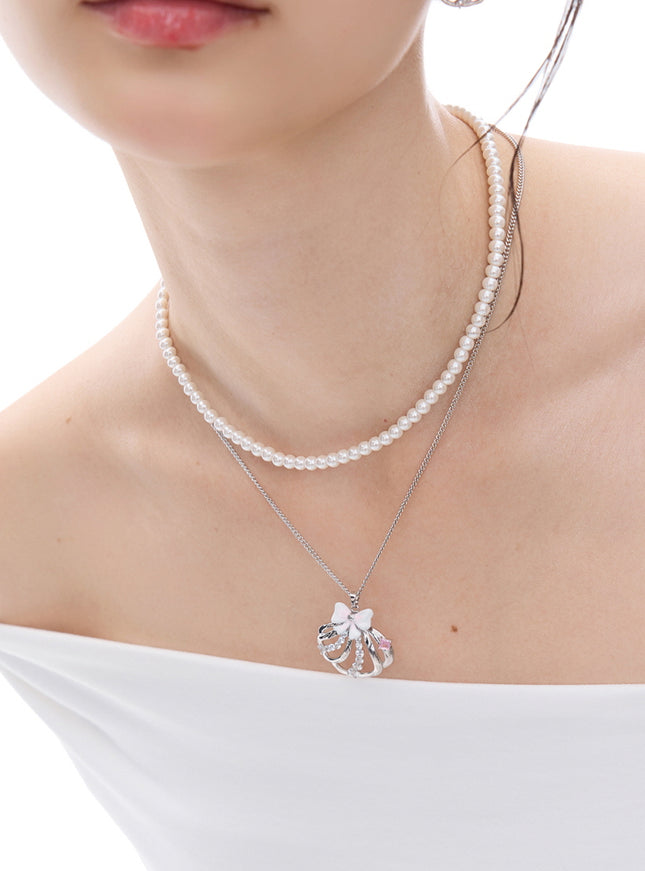 Convertible Pearl & Crystal Bow Layered Necklace