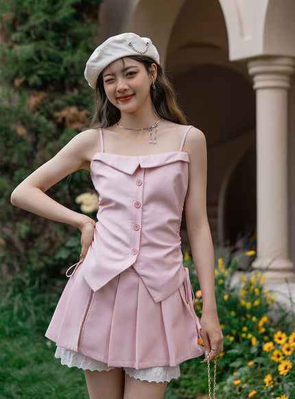 Blush Button-Up Camisole and Pleated Skirt Set