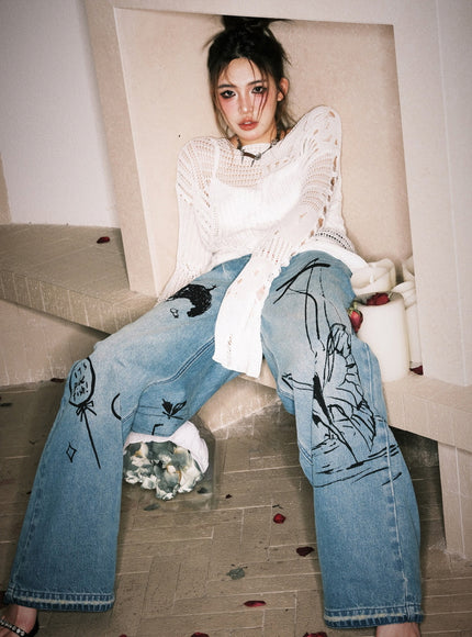 Distressed Open-Knit Sheer Sweater