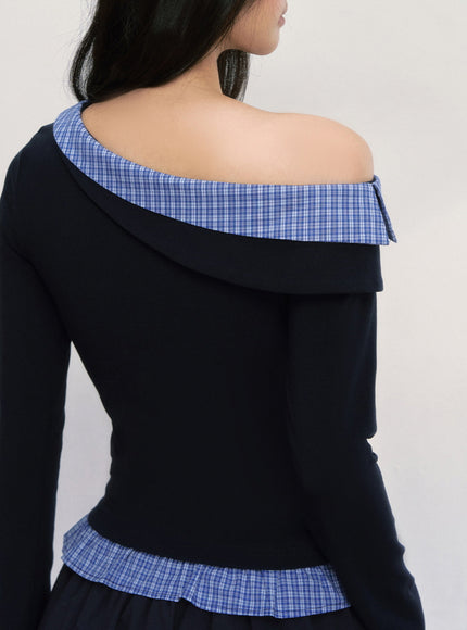 Off-Shoulder Check Trim Top