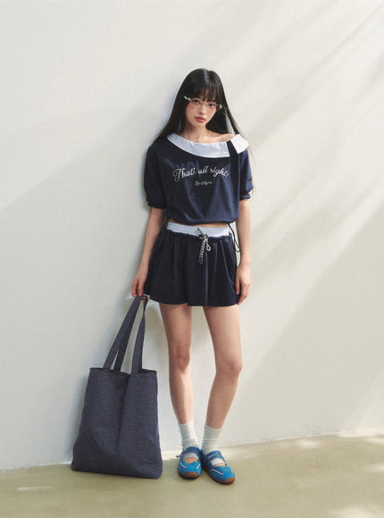 Striped Embroidered Top & Skirts Two-Piece Set - Navy