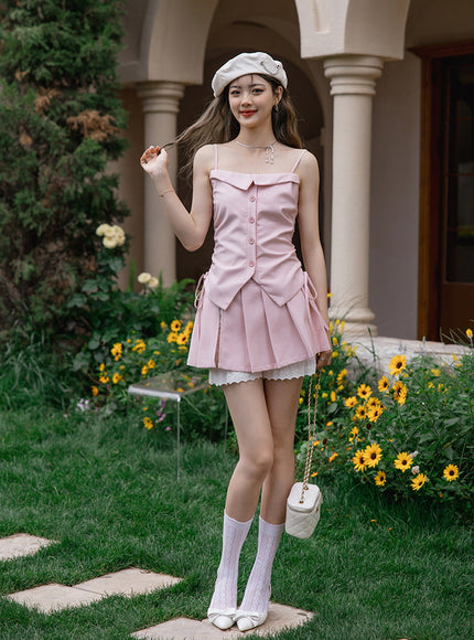 Blush Button-Up Camisole and Pleated Skirt Set