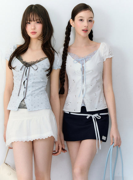 Eyelet Puff Sleeve Ribbon Top - White
