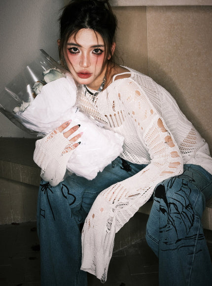 Distressed Open-Knit Sheer Sweater