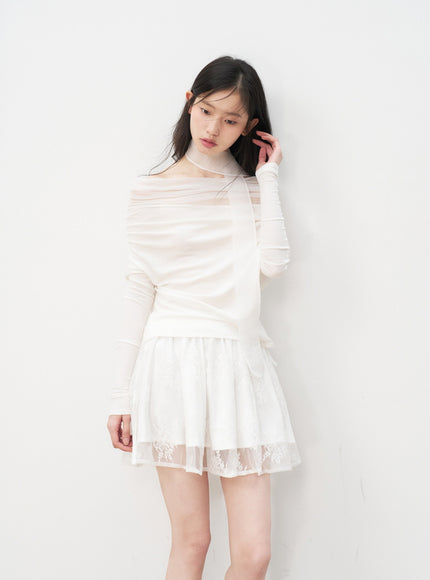 Lace Trim Mesh Mini Skirt