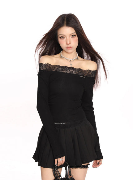 Lace Trim Off-Shoulder Top - Black