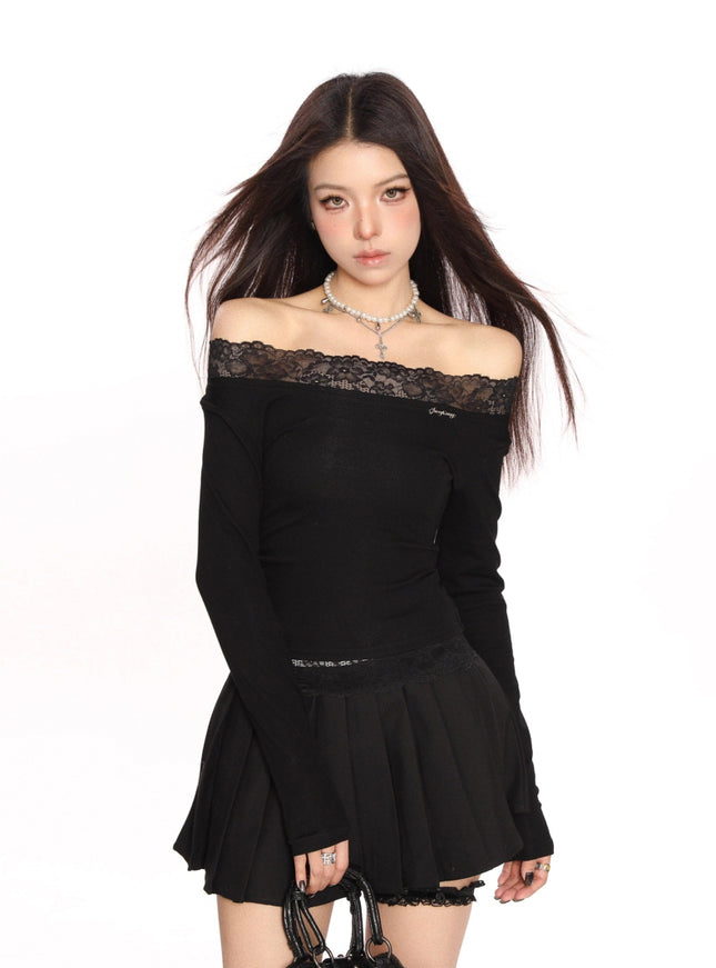Lace Trim Off-Shoulder Top - Black