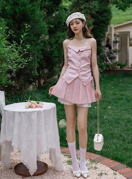 Blush Button-Up Camisole and Pleated Skirt Set