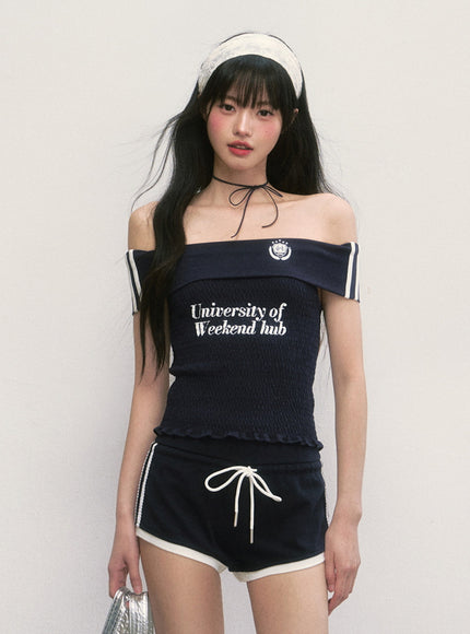 Emblem Off-Shoulder Smocked Top - Navy