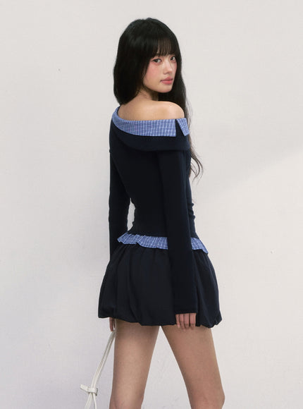Off-Shoulder Check Trim Top