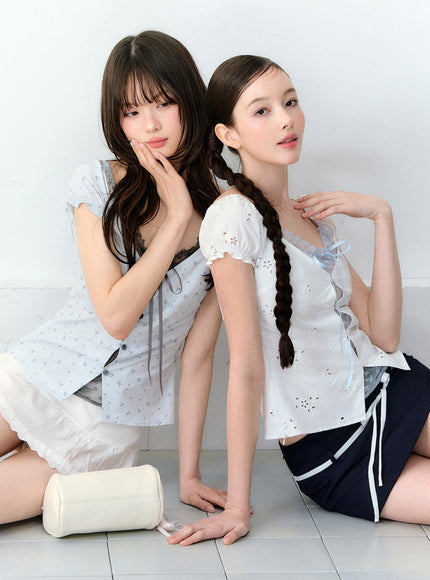 Eyelet Puff Sleeve Ribbon Top - White