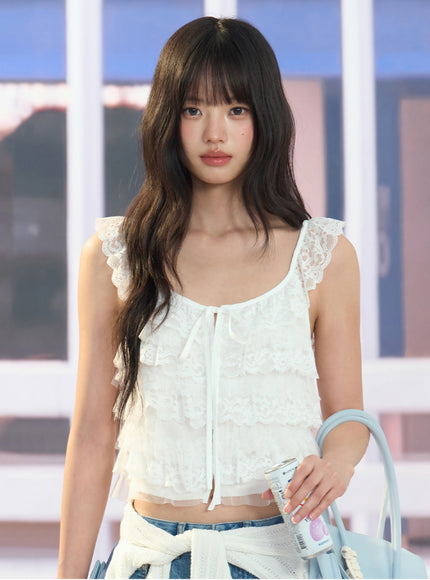 Lace Trim Tiered Chiffon Top