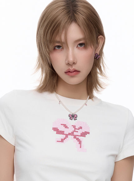Pixel Bow Pearl Necklace