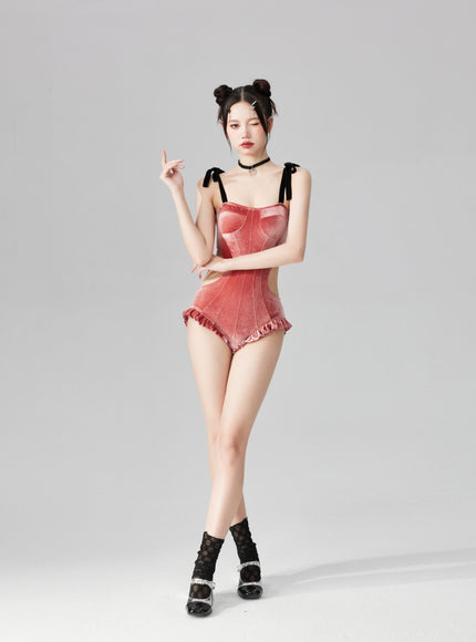 Velvet Cut-Out Ruffle One-Piece Swimsuit