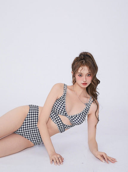 Houndstooth Twist Front Bikini Set