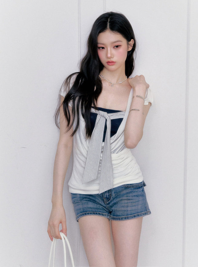 Draped Ribbon Contrast Top