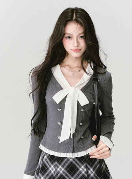 Bow Tie Top & Plaid Mini Skirt Set