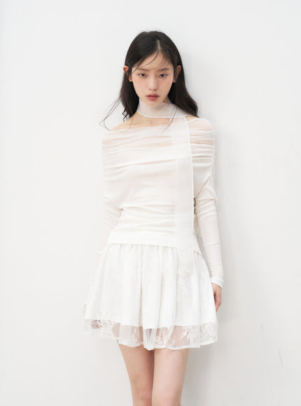 Lace Trim Mesh Mini Skirt
