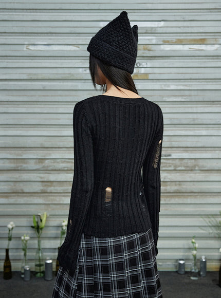 Distressed Bow Knit Top - Black