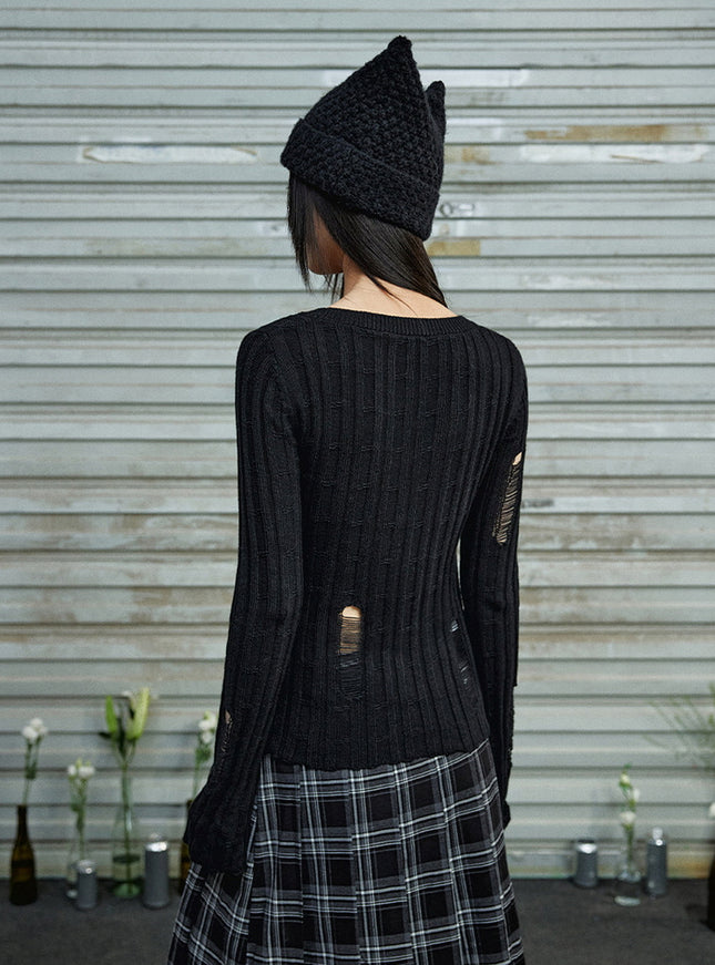 Distressed Bow Knit Top - Black