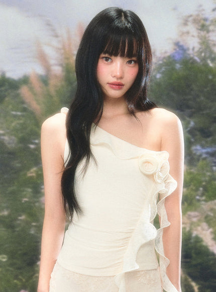 Ruffle One-Shoulder Mesh Top