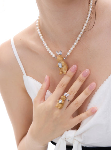 Crystal Bunny Pearl Necklace