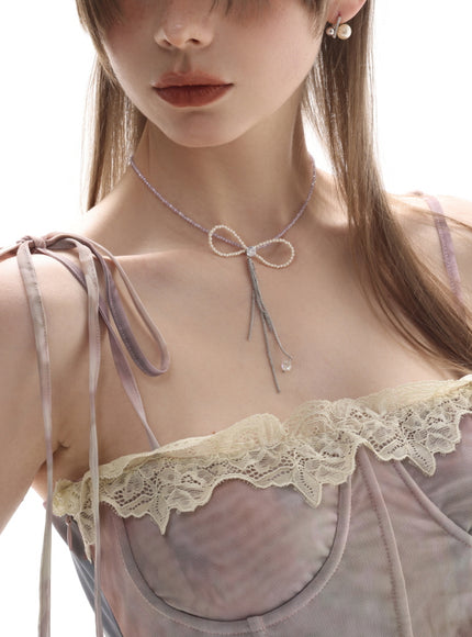 Beaded Bow Drop Chain Choker