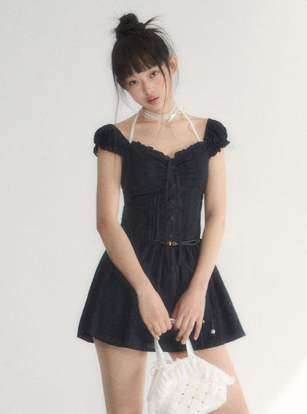 Off-Shoulder Ruched Cotton Mini Dress