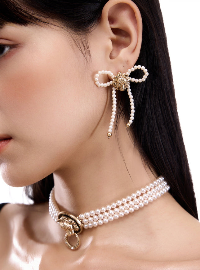 Lion Emblem Pearl Earrings