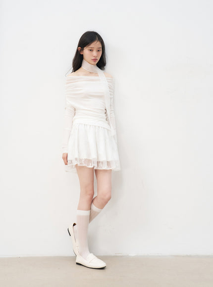 Lace Trim Mesh Mini Skirt