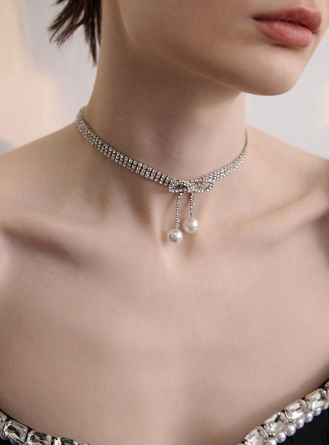 Crystal Bow Drop Pearl Choker