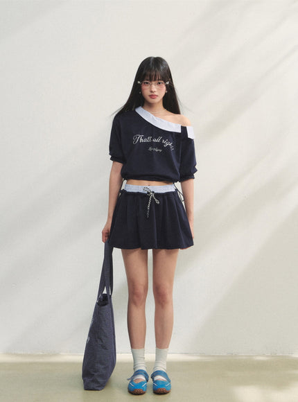 Striped Embroidered Top & Skirts Two-Piece Set - Navy