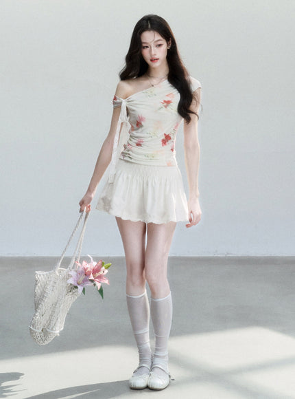 Ruched Floral Asymmetric Top
