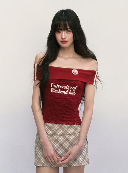 Emblem Off-Shoulder Smocked Top - Red