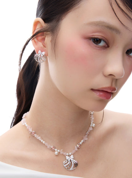 Crystal Bow & Pearl Pink Stone Necklace