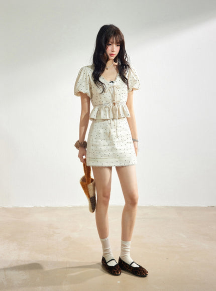 Dotted Linen Puff Sleeve Blouse and Skirt Set