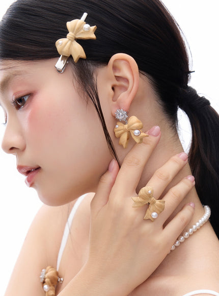 Wooden Bow Pearl Drop Earrings