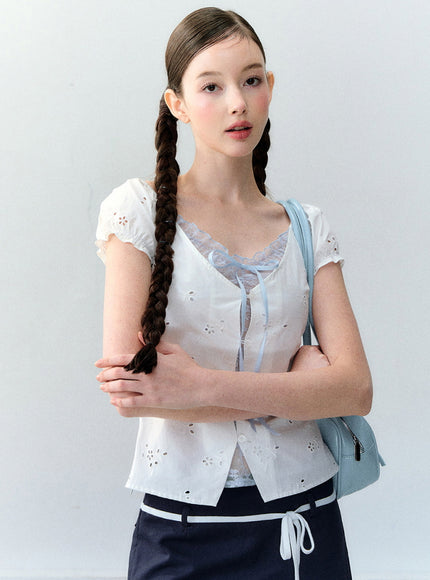 Eyelet Puff Sleeve Ribbon Top - White